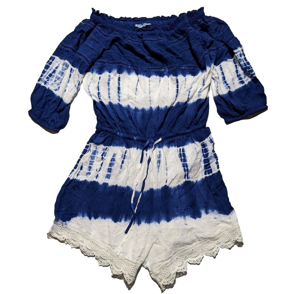 SOLITAIRE SWIM‎ Women XL Blue White Tie Dye Tie-Waist Beach Cover-Up Romper  NEW